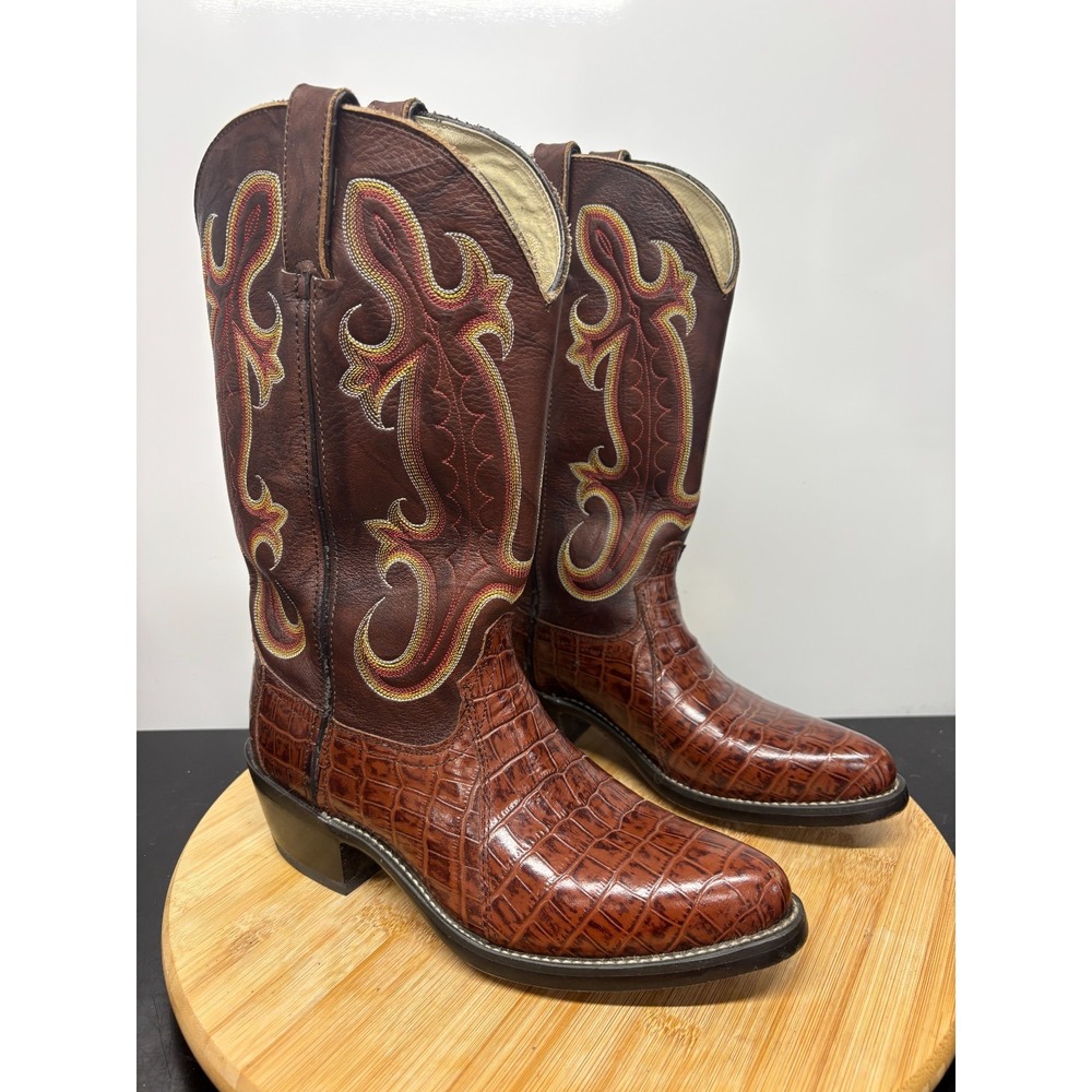 Durango Women's Western Cowboy Boots Brown Croc Embossed Leather Embroidered 7D